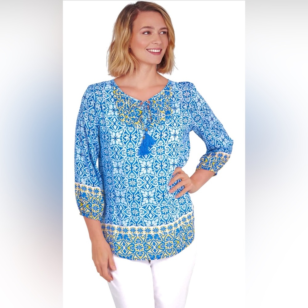 Ruby Rd Women’s Blue Yellow Metallic Blouse with Tassels Size Large - Picture 2 of 11